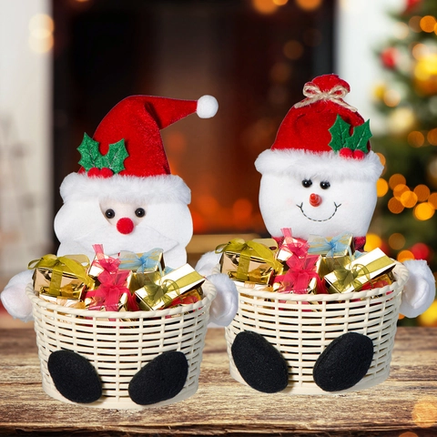 Cesto Porta Caramelle Natalizio Intrecciato Babbo Natale Pupazzo di Neve Bambola di Peluche Decorazione da Tavolo Regalo