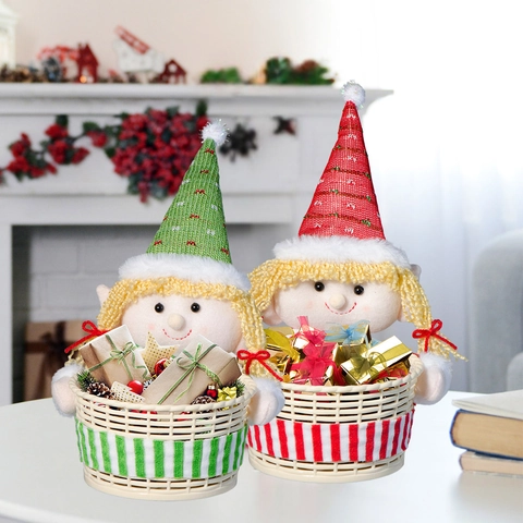 Weihnachtself Süßigkeitenkorb PVC Gewebtes Vorratsglas Süße Gestreifte Puppe Desktop Ornament Für Vorabend Tresen Dekor Feiertag Geschenk
