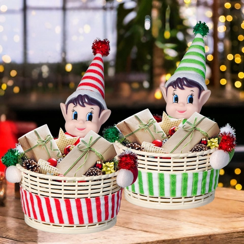 Cesto di Caramelle Elfo di Natale Cesto Portaoggetti in Plastica Intrecciata per Decorazioni Tavola Feste Elfo Testa Scatola Regalo