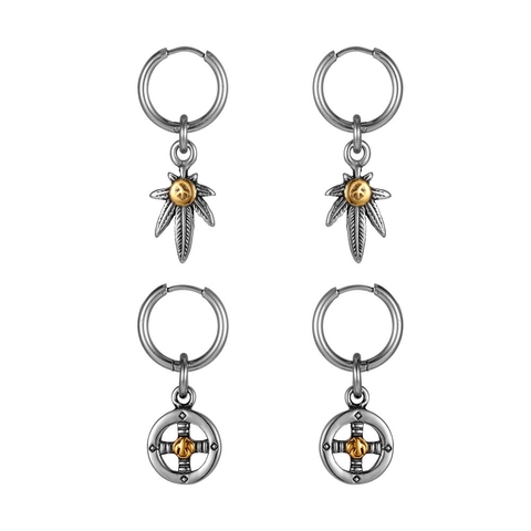Orecchini a Cerchio in Acciaio Inossidabile Retro Con Pendente a Foglia Croce per Uomo Donna Stile Punk Street Argento Invecchiato