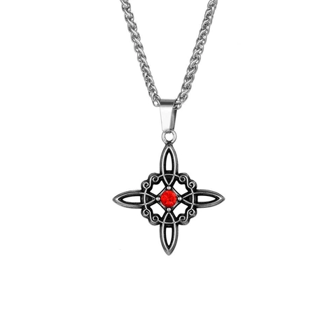 Collana con Ciondolo a Nodo Cinese Vintage in Acciaio Inossidabile per Uomo Donna Strass Rosso Geometrico Gioielli Gotici Accessorio