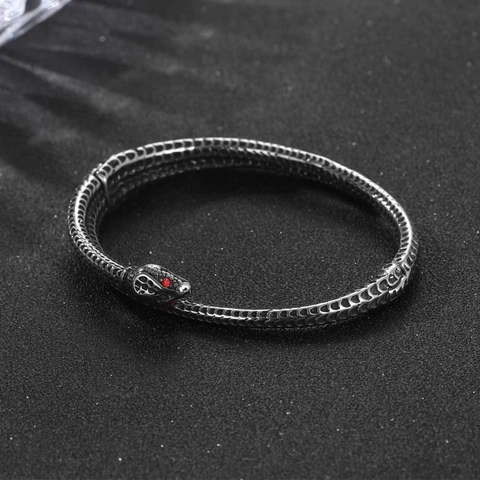 Bracciale Rigido a Forma di Serpente in Acciaio Inossidabile Vintage per Uomo Donna Design Animale Retro Lucidato Con Occhi di Strass Rossi