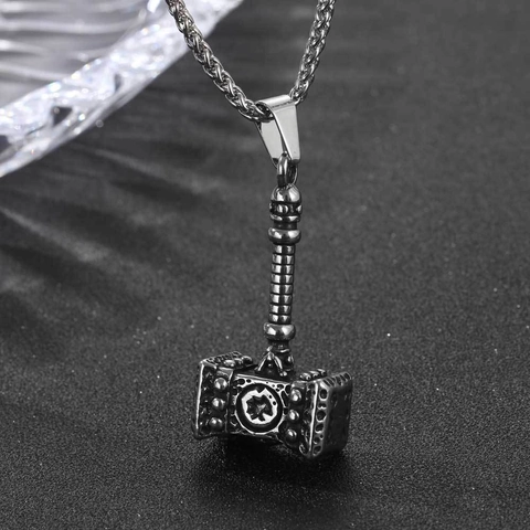 Vintage Stainless Steel Thor's Hammer Pendant Necklace For Men Norse Mythology Mjolnir Viking Jewelry Antique Silver