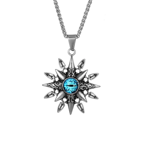 Vintage Stainless Steel Octagram Evil Eye Pendant Necklace Gothic Eight Pointed Star Blue Rhinestone Jewelry For Men Women