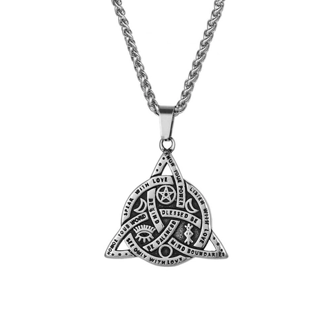 Collana con Ciondolo a Triangolo Nodo Celtico in Acciaio Inossidabile Retrò Misterioso Occhio della Provvidenza Pentagramma Scritte in Inglese Citazioni Motivazionali Gioielli Uomo Donna