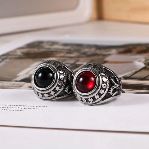 Vintage Titanstahl Ring Für Herren Retro Sanskrit Achat Eingelegt Band Gothic Punk Stil Schmuck Geschenk Rot Schwarz