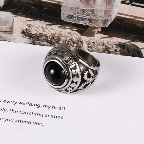 Vintage Titanstahl Ring Für Herren Retro Sanskrit Achat Eingelegt Band Gothic Punk Stil Schmuck Geschenk Rot Schwarz