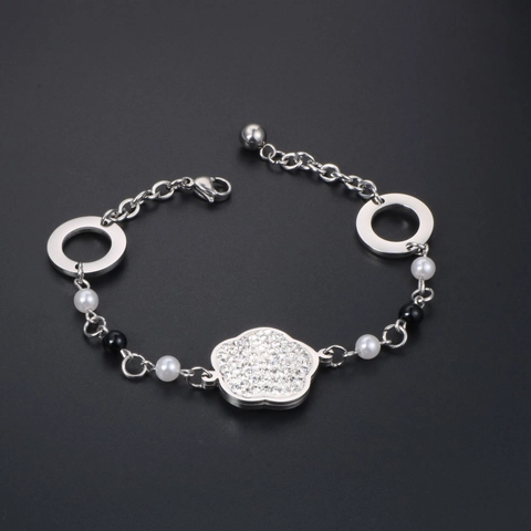 Polierter Edelstahl Blumen Armband Für Damen Mit Strass Und Künstliche Perle Elegantes Mode Schmuck Geschenk