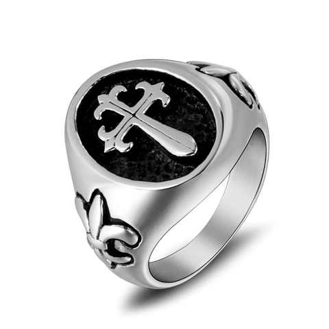 Vintage Titanium Steel Cross Ring For Men Gothic Punk Fleur-De-Lis Relief Signet Ring Retro Polished Silver Jewelry Ring