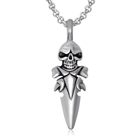 Men Gothic Punk Skull Spear Pendant Necklace Vintage Stainless Steel Arrowhead Dagger Biker Jewelry Gift For Him