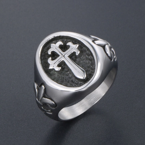 Vintage Titanium Steel Cross Ring For Men Gothic Punk Fleur-De-Lis Relief Signet Ring Retro Polished Silver Jewelry Ring