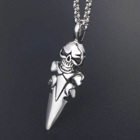 Men Gothic Punk Skull Spear Pendant Necklace Vintage Stainless Steel Arrowhead Dagger Biker Jewelry Gift For Him
