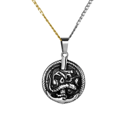 Vintage Gothic Stainless Steel Skull And Snake Pendant Necklace For Men Punk Nautical Anchor Round Coin Distressed Hip Hop Jewelry Gift