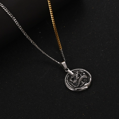 Vintage Gothic Stainless Steel Skull And Snake Pendant Necklace For Men Punk Nautical Anchor Round Coin Distressed Hip Hop Jewelry Gift