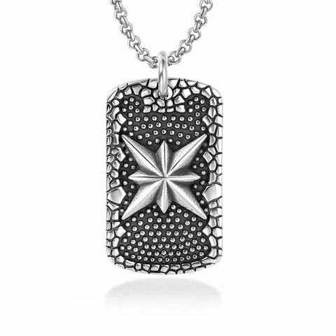 Collana con Pendente Dog Tag in Acciaio Inossidabile Vintage per Uomo Donna Piastrina Rettangolare con Stella della Bussola in Rilievo