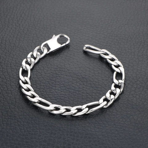 Men's Polished 316L Stainless Steel Figaro Chain Bracelet Classic Rock Hip Hop Style Silver Metallic Hand Jewelry Accessory