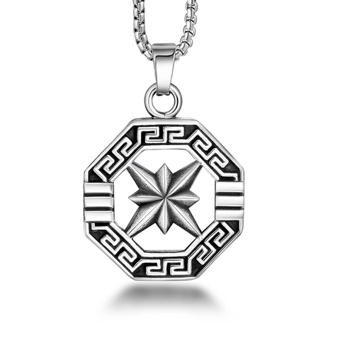 Retro Collana con Ciondolo a Bussola a Stella Ottagonale in Acciaio Inossidabile per Uomo Vintage Motivo a Chiave Greca Gioielli Punk