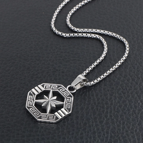 Retro Collana con Ciondolo a Bussola a Stella Ottagonale in Acciaio Inossidabile per Uomo Vintage Motivo a Chiave Greca Gioielli Punk