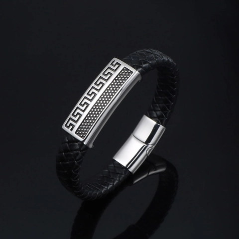 Bracciale Intrecciato in Acciaio Inossidabile Vintage da Uomo Motivo a Greca Stile Hip Hop Punk Gioielli alla Moda