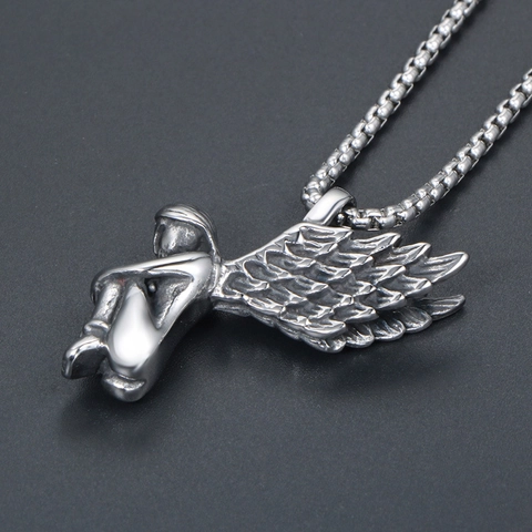 Retro Titanium Steel Kneeling Angel Wings Pendant Necklace Personalized Fallen Angel Polished Silver Neck Jewelry For Unisex