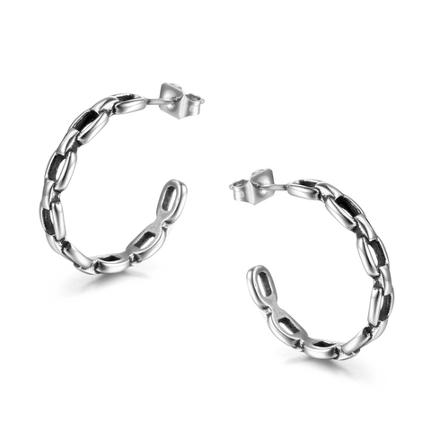 Women Minimalist Titanium Steel Chain Link Hoop Earrings C-Shaped Hollow Geometric Punk Industrial Style Silver Stud Jewelry