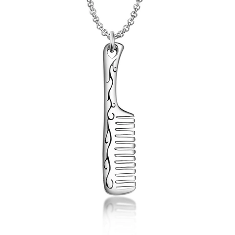 Vintage Stainless Steel Comb Pendant Necklace Carved Vine Pattern Creative Fashion Accessory For Men Women Cool Jewelry Gift