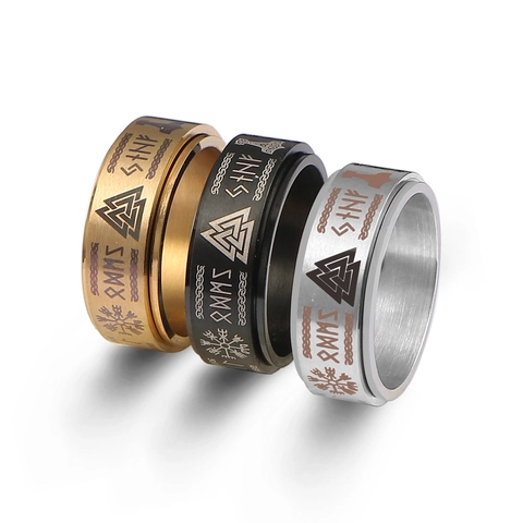 Vintage Stainless Steel Viking Rune Spinner Ring For Men Norse Valknut Vegvisir Compass Rotating Stress Relief Ring Nordic Mythology Jewelry