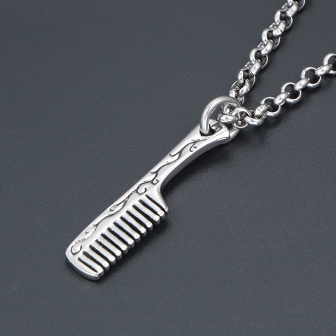 Vintage Stainless Steel Comb Pendant Necklace Carved Vine Pattern Creative Fashion Accessory For Men Women Cool Jewelry Gift