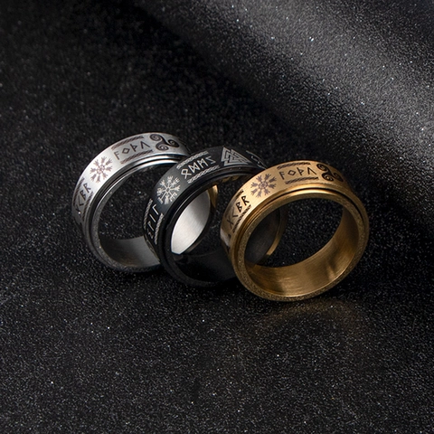 Vintage Stainless Steel Viking Rune Spinner Ring For Men Norse Valknut Vegvisir Compass Rotating Stress Relief Ring Nordic Mythology Jewelry
