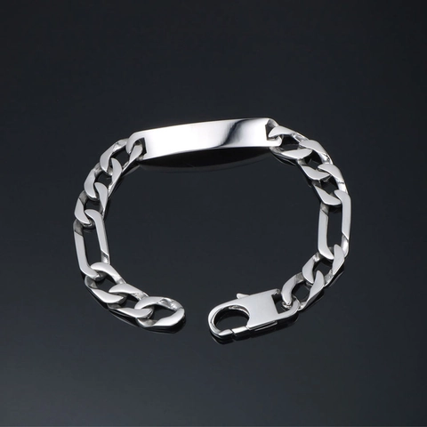Heren Titanium Staal Figaro Cubaanse Ketting ID Armband Gepolijst Zilverkleur Gepersonaliseerde Rechthoekige Plaat Sieraden