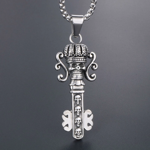 Collar con Colgante de Llave de Calavera y Corona Gótica Retro para Hombre de Acero Inoxidable Punk Rock Joyería de Motociclista