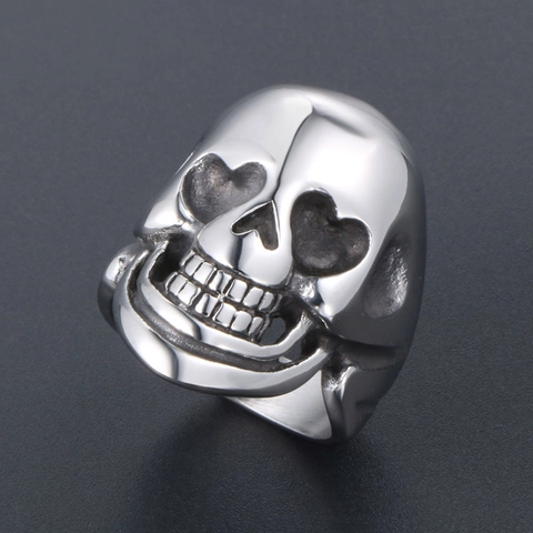 Vintage Punk Stainless Steel Skull Ring For Men Gothic Heart Eyes Polished Biker Ring Retro Hip Hop Fashion Jewelry Gift