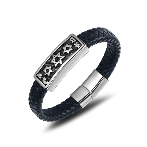 Bracciale da Uomo in Pelle Intrecciata Acciaio Inossidabile Retro Punk Con Chiusura Magnetica Stella di David Esagramma Gioielli