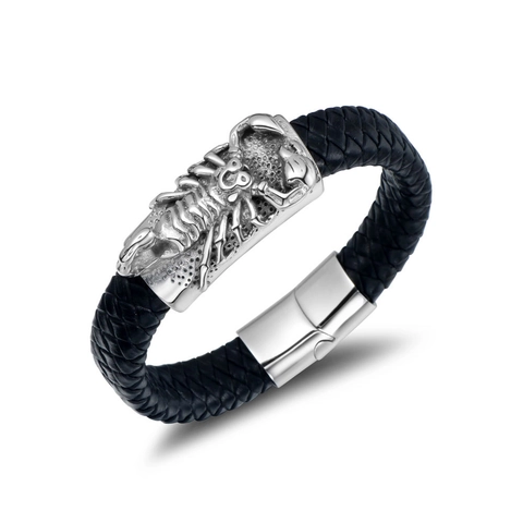 Bracciale da Uomo Retro in Acciaio al Titanio con Scorpione in Pelle Intrecciata Gothic Punk Gioielli Animali per Festa Quotidiana Regalo Nero Argento