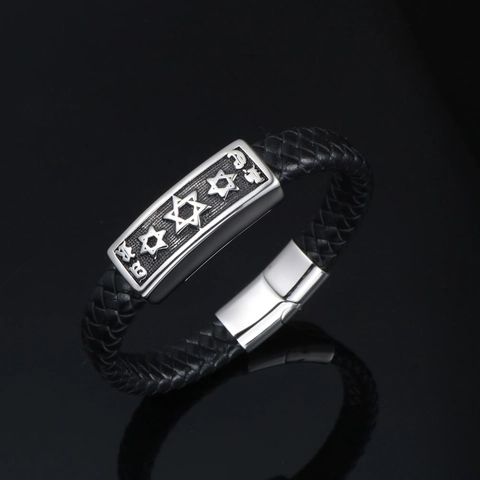Bracciale da Uomo in Pelle Intrecciata Acciaio Inossidabile Retro Punk Con Chiusura Magnetica Stella di David Esagramma Gioielli