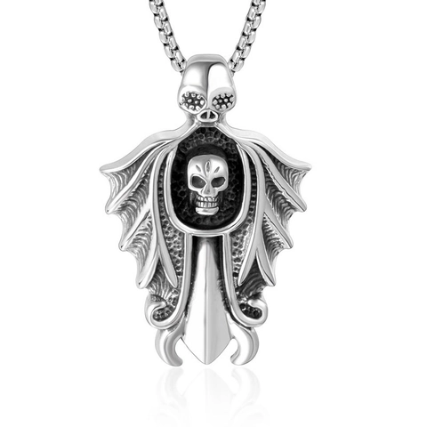 Gothic Punk Skull Pendant Necklace For Men Vintage Stainless Steel Skeleton Cloak Sword Charm Biker Jewelry With Box Chain
