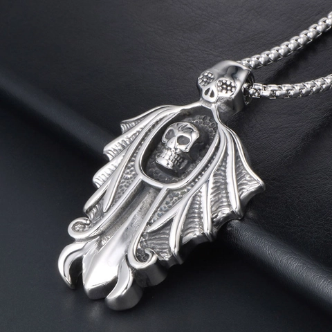 Gothic Punk Skull Pendant Necklace For Men Vintage Stainless Steel Skeleton Cloak Sword Charm Biker Jewelry With Box Chain