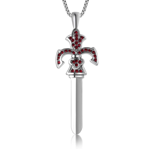 Gothic Titanium Steel Sword Pendant Necklace For Men Vintage Red Rhinestone Dagger Cross Chain Punk Rock Jewelry Gift