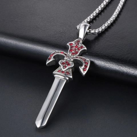 Gothic Titanium Steel Sword Pendant Necklace For Men Vintage Red Rhinestone Dagger Cross Chain Punk Rock Jewelry Gift