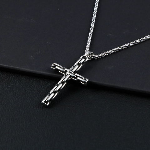 Hip Hop Stainless Steel Cross Pendant Necklace Retro Chain Link Texture Punk Style Jewelry For Men Gift Silver Color