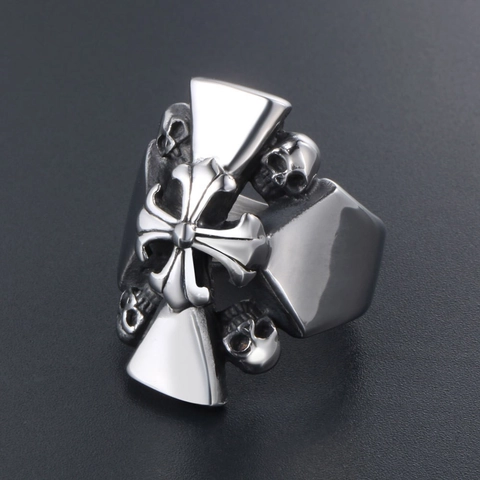 Vintage Stainless Steel Skull Cross Ring For Men Gothic Punk Rock Biker Jewelry Retro Antique Polished Band Ring Gift