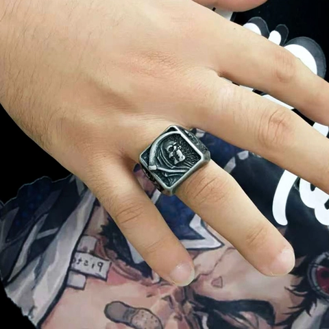 Anello Vintage in Acciaio Inossidabile con Teschio del Mietitore per Uomo Gotico Punk Dark Hip Hop Ali D'Argento Ossidato Gioiello