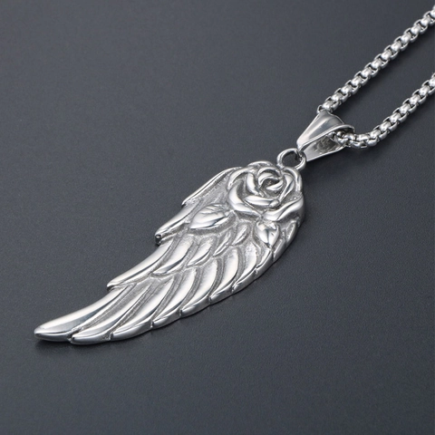 Vintage Titanium Steel Angel Wing Rose Pendant Necklace Gothic Punk Feather Jewelry For Men Women Daily Party Unique Gift