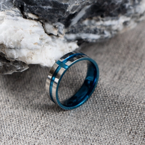 Men's Stainless Steel Cross Ring Blue Electroplated Bicolor Bottle Opener Ring Punk Fashion Polished Finger Ring Jewelry Gift