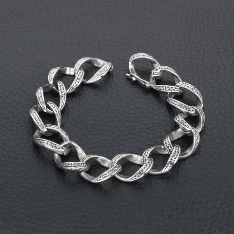 Vintage Gothic Stainless Steel Chain Bracelet For Men Hip Hop Carved Pattern Oxidized Silver Tone Titanium Steel Jewelry
