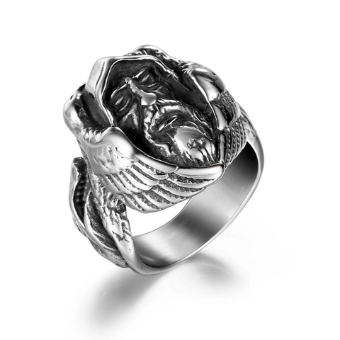 Men Retro Titanium Steel Character Ring Gothic Punk Hooded Man With Wings Relief Oxidized Distressed Finish Fashion Jewelry Finger Ring