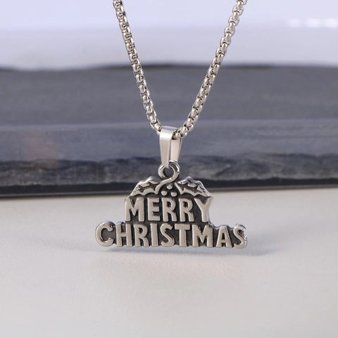 Collier Pendentif Merry Christmas en Acier Inoxydable Vintage pour Femmes Hommes Rétro Argent Lettre Feuille de Houx Bijoux de Noël