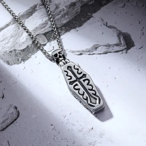 Gothic Edelstahl Sarg Halskette Für Herren Öffnbarer Sarg Skelett Anhänger Antik Silber Kreuz Punk Biker Schmuck Geschenk
