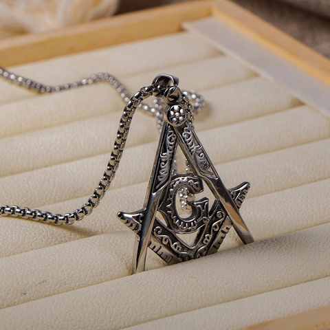 Vintage Roestvrij Staal Vrijmetselaar Winkelhaak Passer Hanger Halsketting Voor Heren Retro Zilver Letter G Gegraveerd