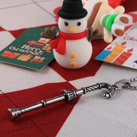 Vintage Stainless Steel Christmas Cane Pendant Necklace For Men Retro Scepter Shepherd Crook Style Silver Jewelry Gift